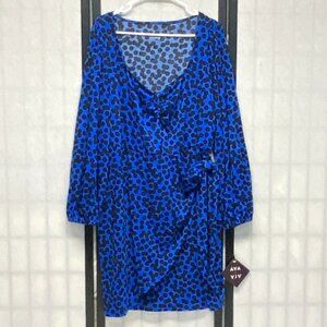 Ava & Viv Faux Wrap Dress NEW Full Sleeve V-Neck Ruched Front Midi Blue Dot